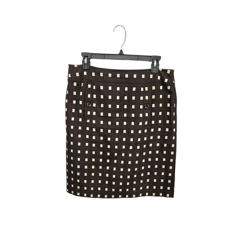 Ann Taylor Brown & Cream Knee Length A-Line Skirt Button Accent Sz 8 Med Cotton